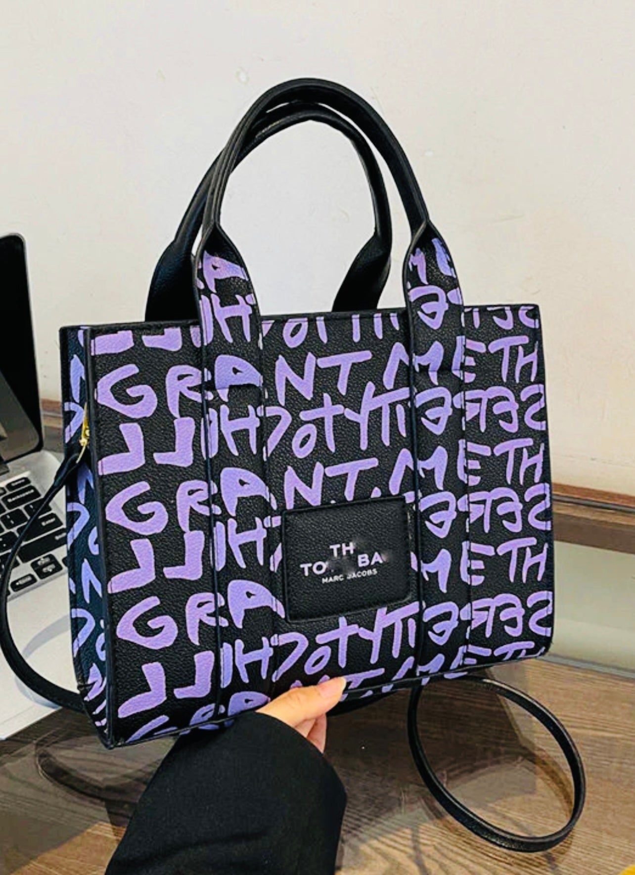 Graffiti Print Structured Tote Bag with Shoulder Strap