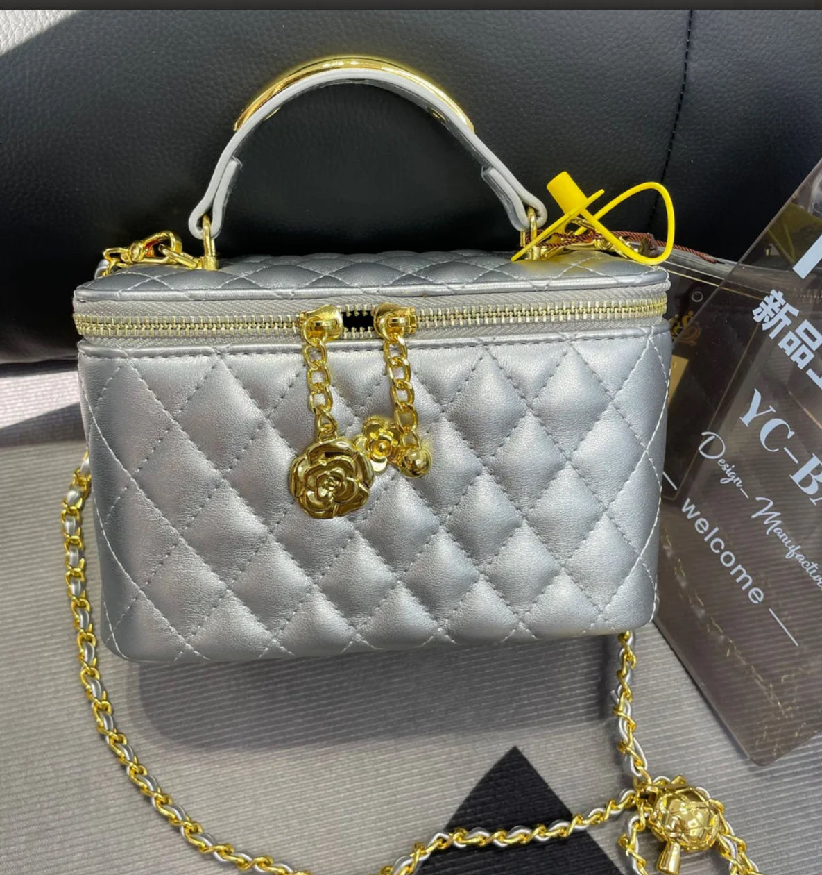 Quilted Box Crossbody Bag with Gold Chain and Charm Accent