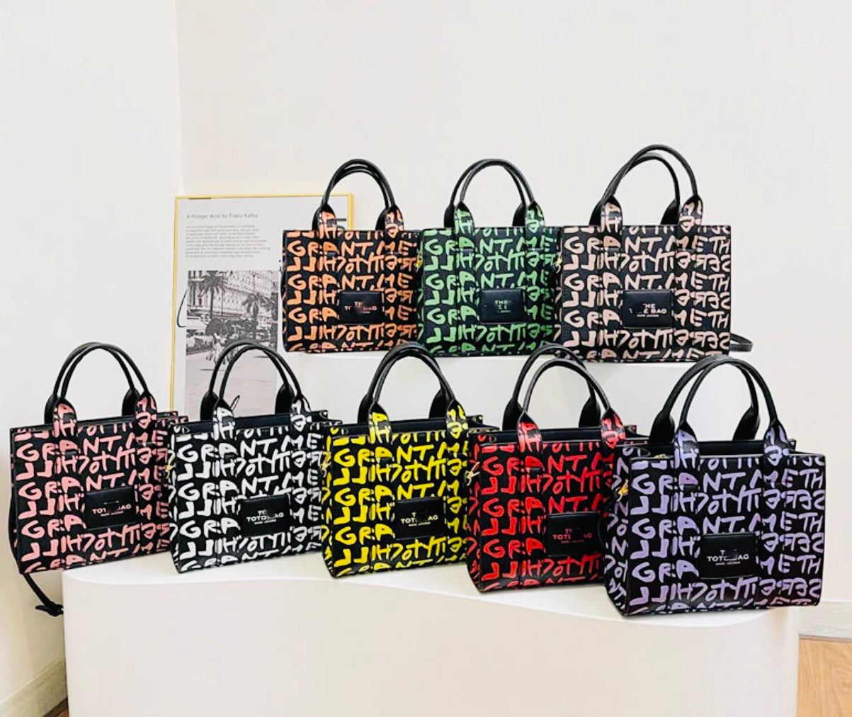 Graffiti Print Structured Tote Bag with Shoulder Strap