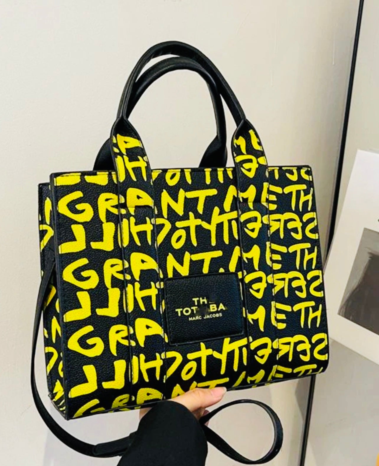 Graffiti Print Structured Tote Bag with Shoulder Strap