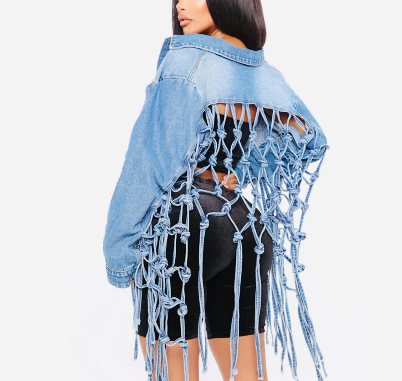 FRINGED CUTOUT BACK DENIM JACKET