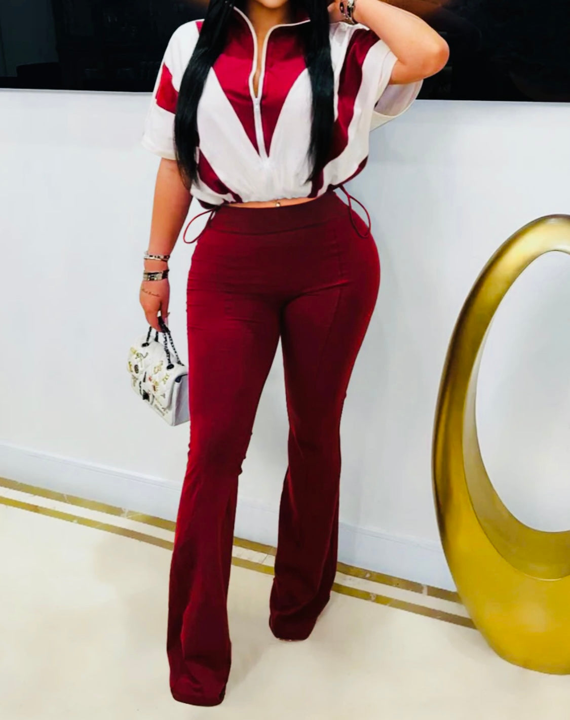 Two-Piece Zip-Up Crop Windbreaker and Flared Pants Set