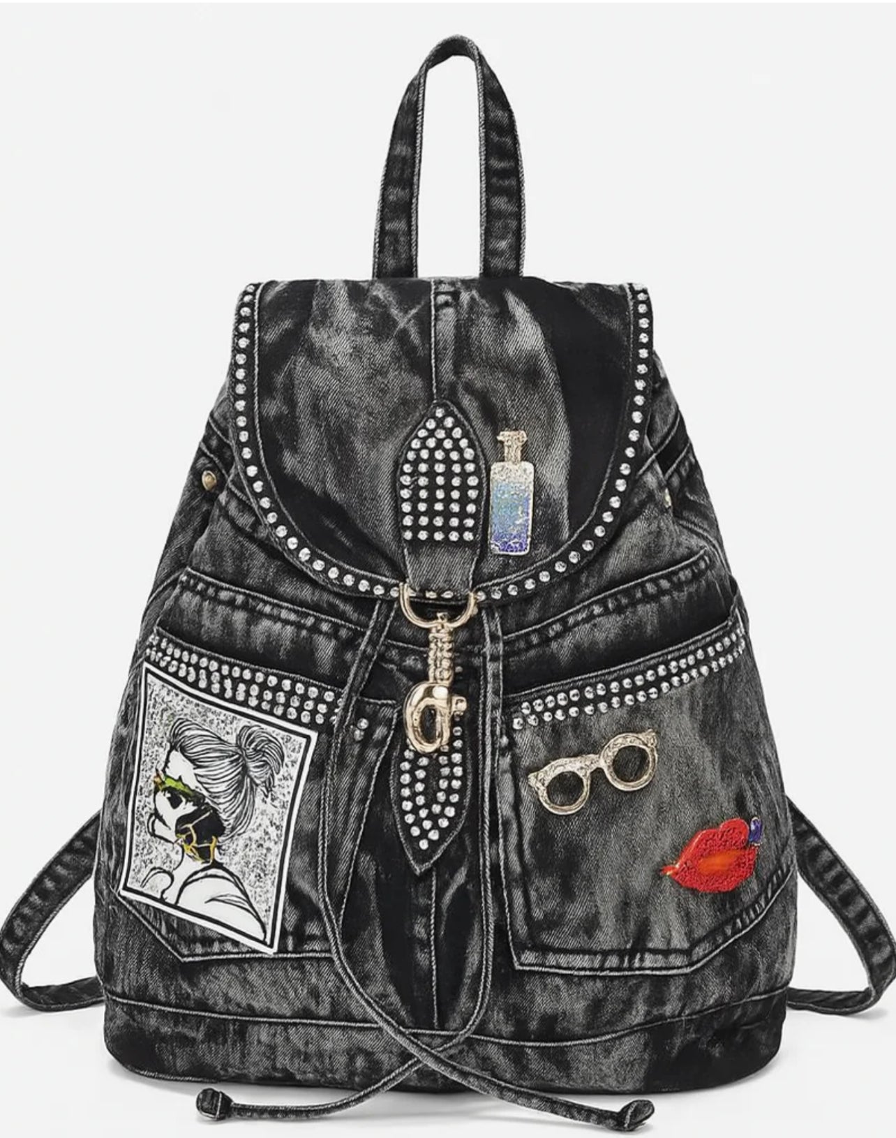 Studded Denim Patchwork Backpack with Charm Accents