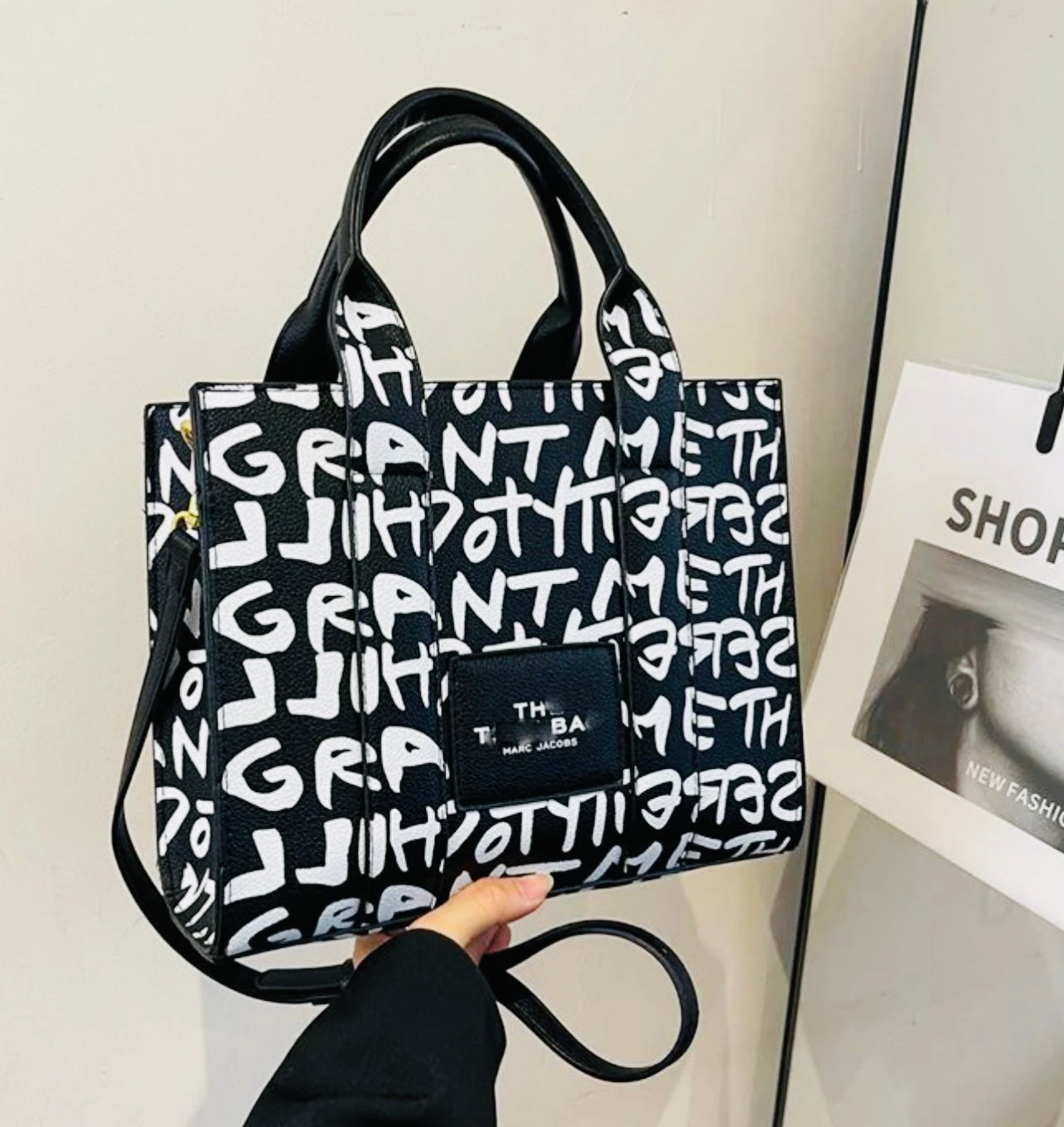 Graffiti Print Structured Tote Bag with Shoulder Strap