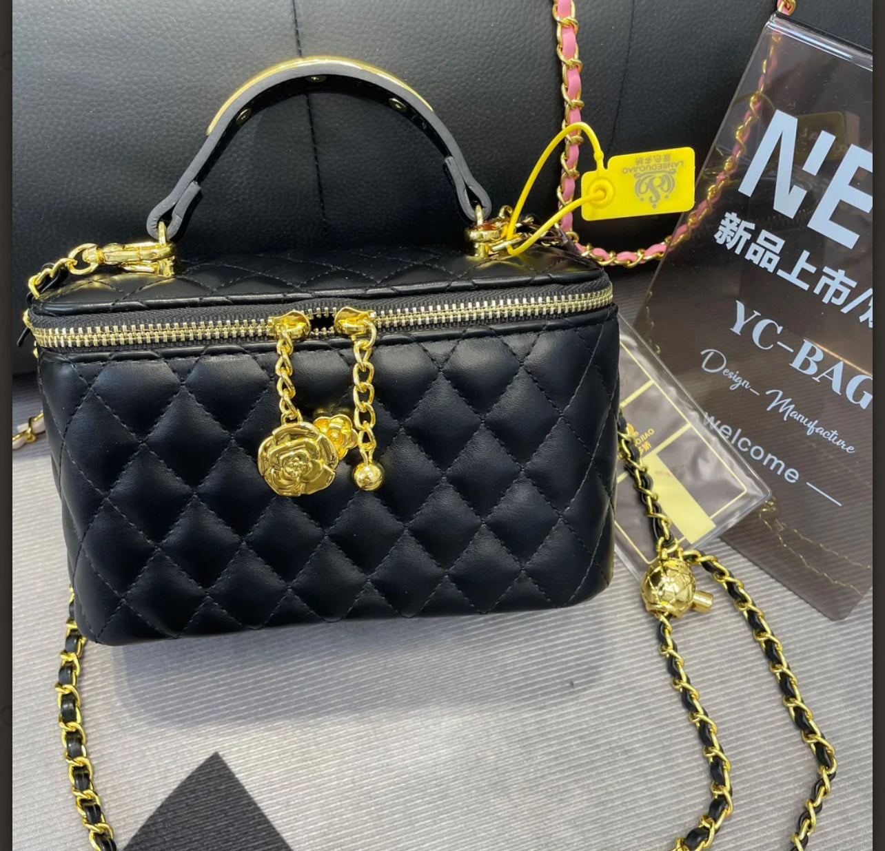 Quilted Box Crossbody Bag with Gold Chain and Charm Accent
