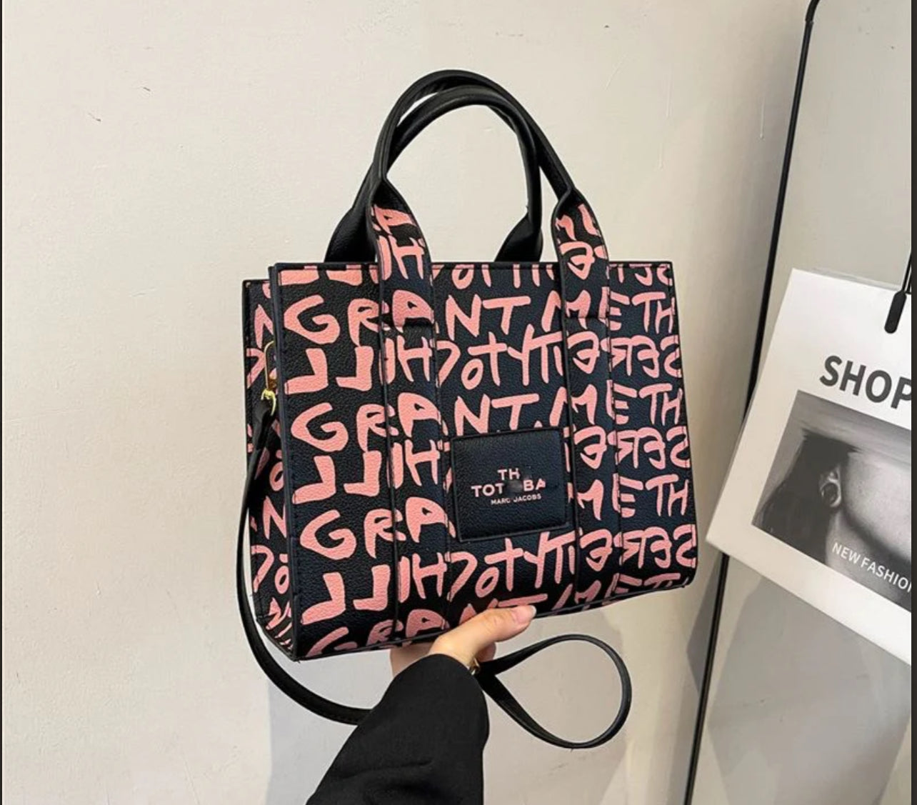 Graffiti Print Structured Tote Bag with Shoulder Strap