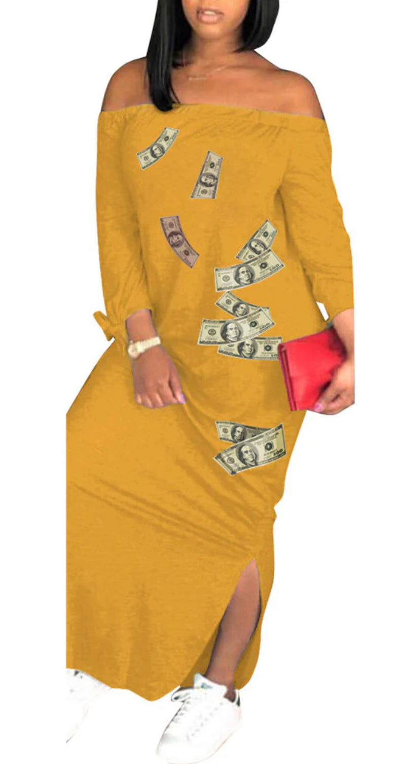 Off-Shoulder Money Print Midi Dress with Tie Sleeves