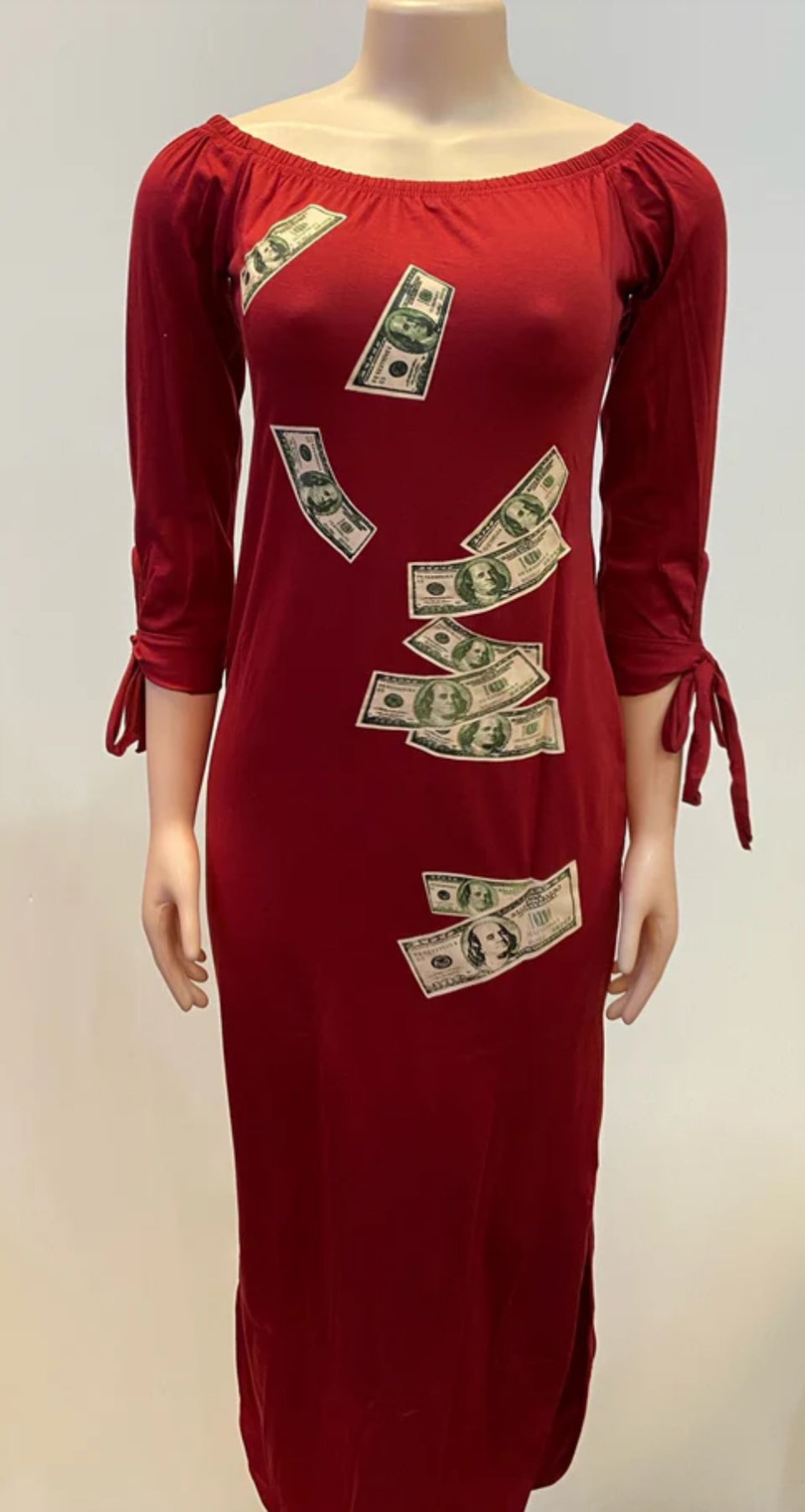 Off-Shoulder Money Print Midi Dress with Tie Sleeves