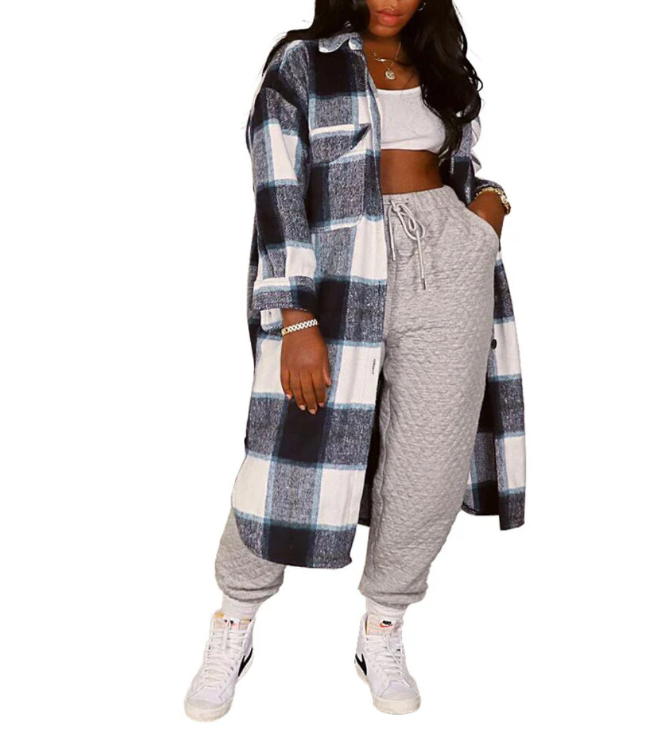 Long Plaid Flannel Shirt Dress COAT