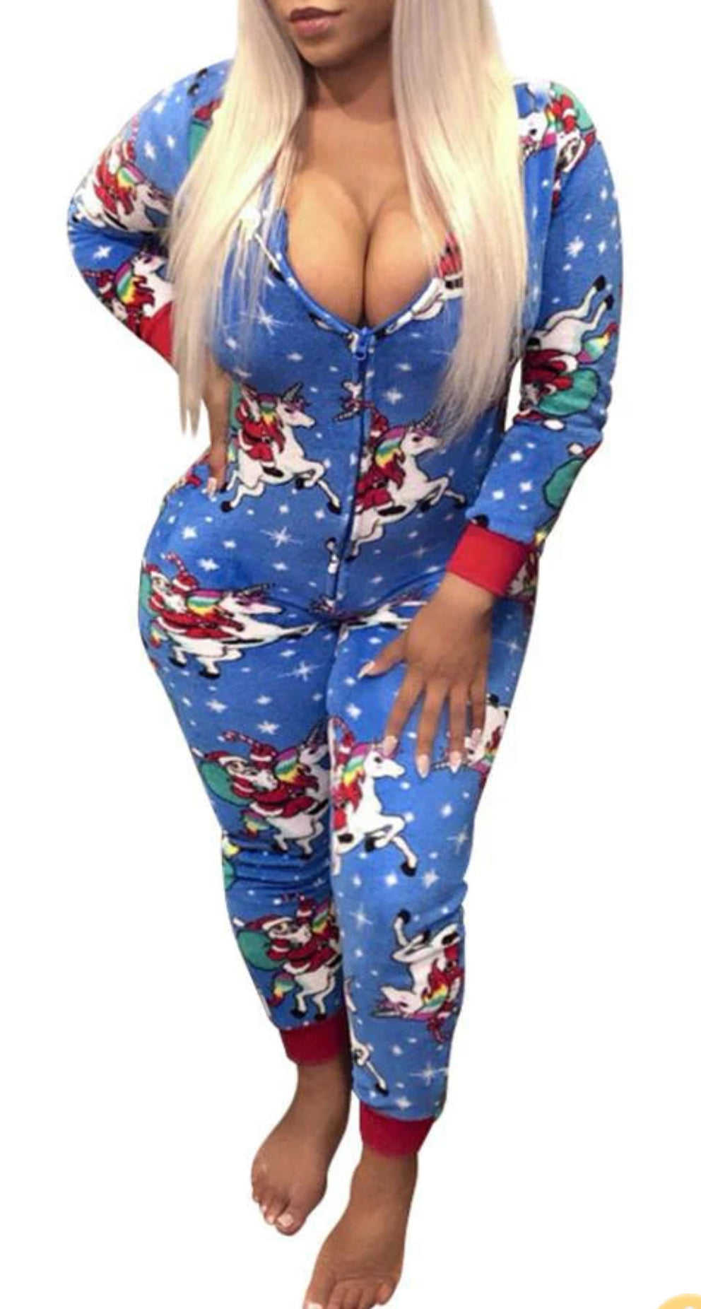 Festive Cartoon Print Onesie with Zipper Closure and Cuffs