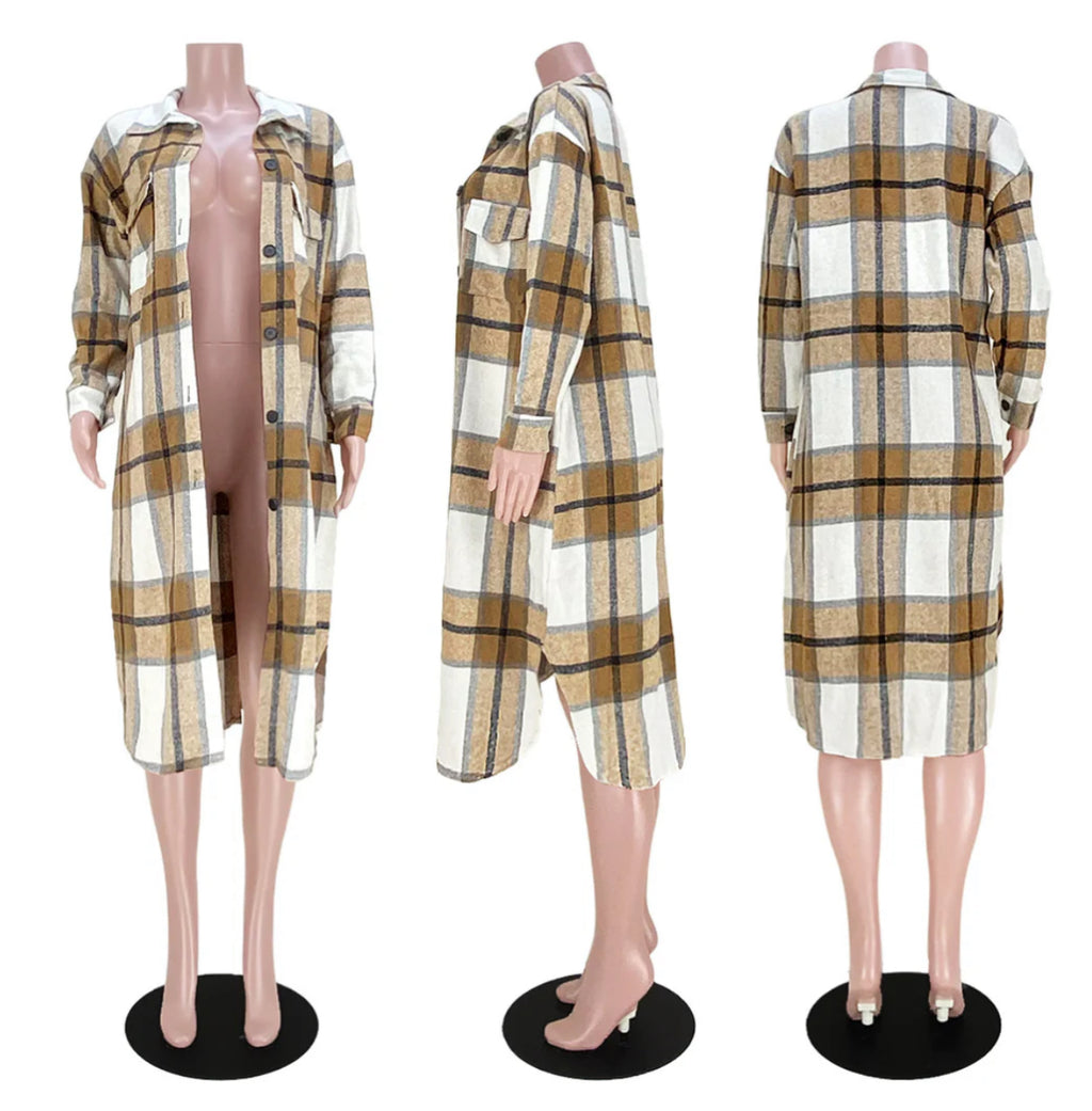 Long Plaid Flannel Shirt Dress COAT