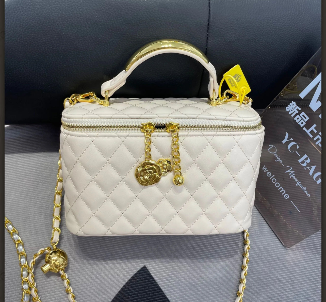Quilted Box Crossbody Bag with Gold Chain and Charm Accent