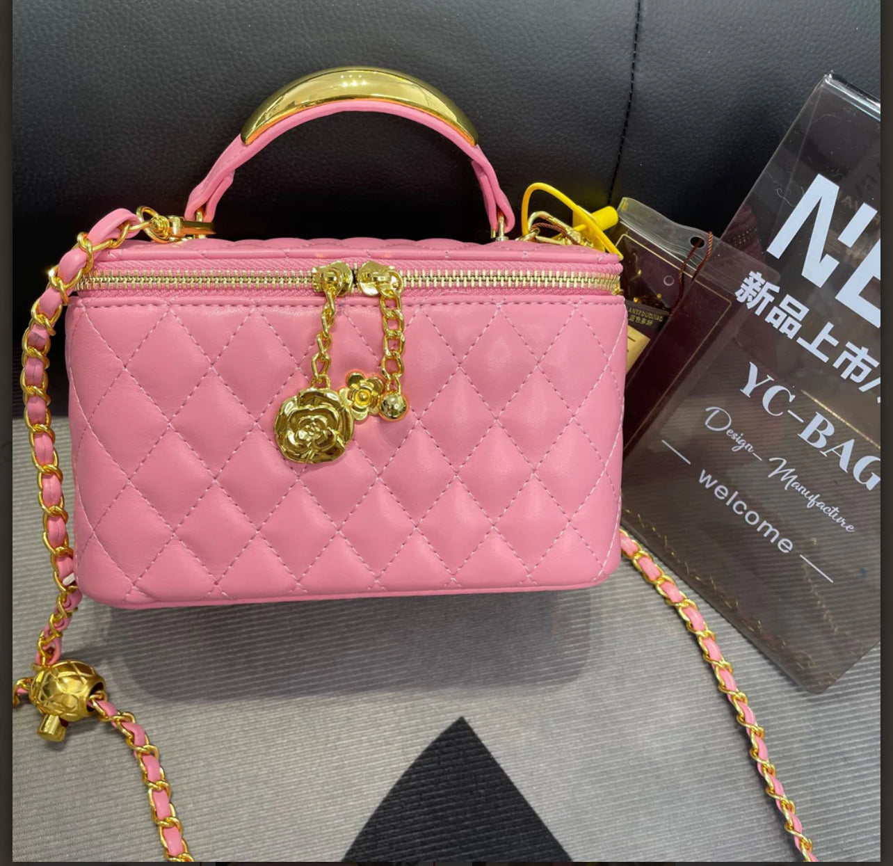 Quilted Box Crossbody Bag with Gold Chain and Charm Accent