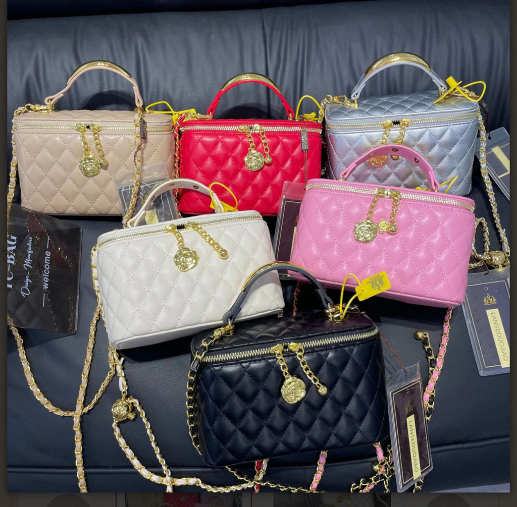 Quilted Box Crossbody Bag with Gold Chain and Charm Accent