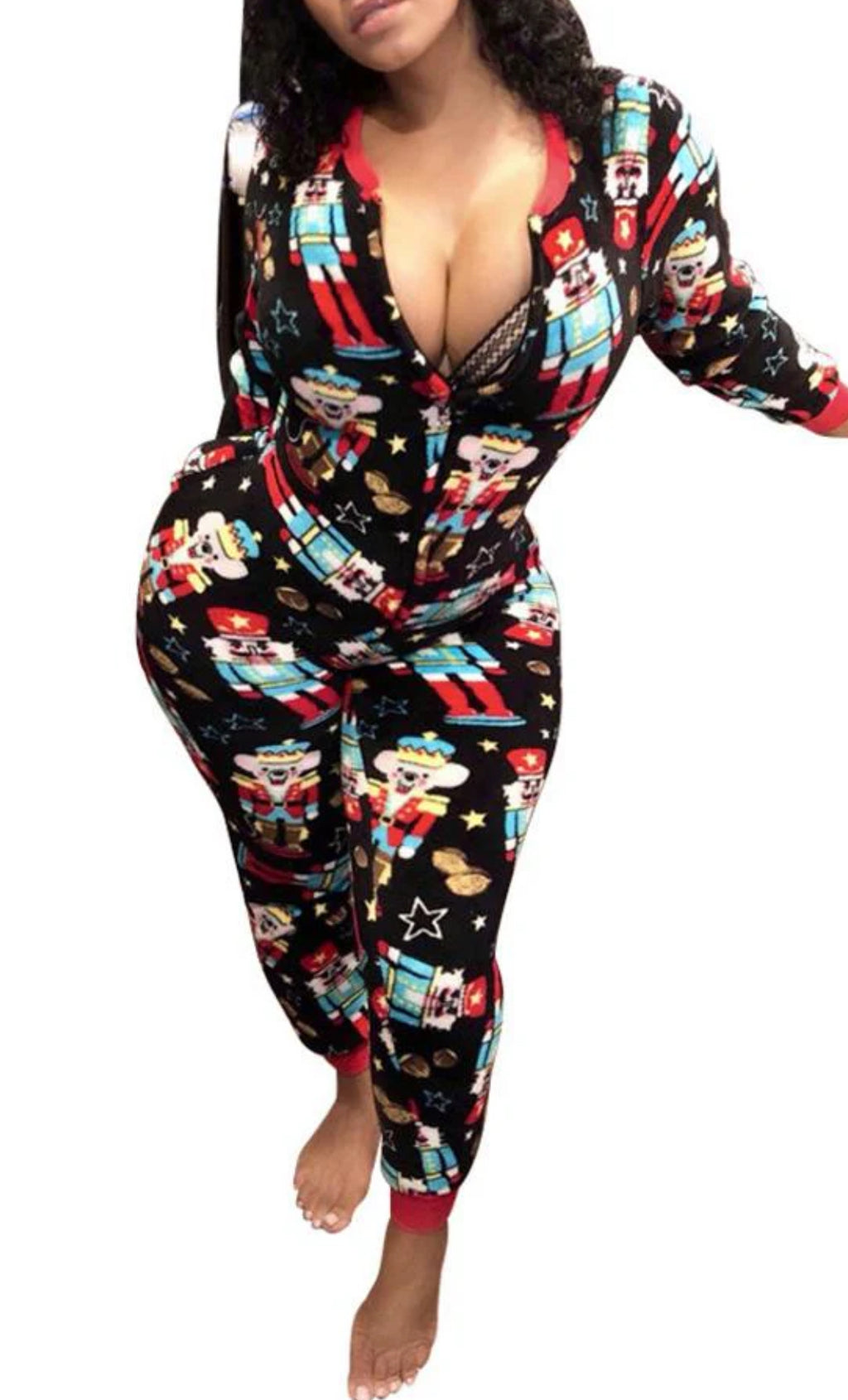 Cartoon Print Onesie with Zipper Closure and Cuffs