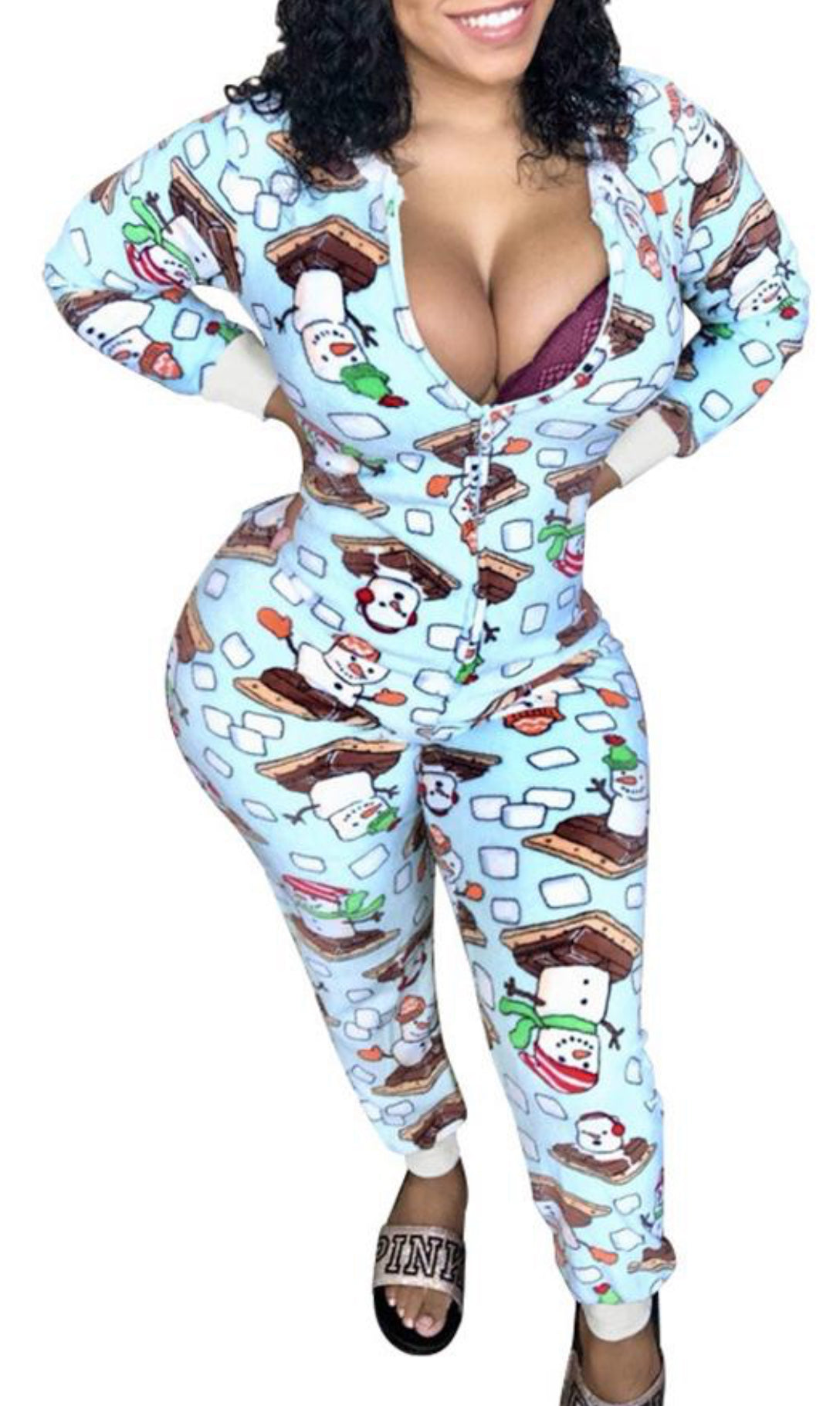 Cartoon Print Onesie with Zipper Closure and Cuffs