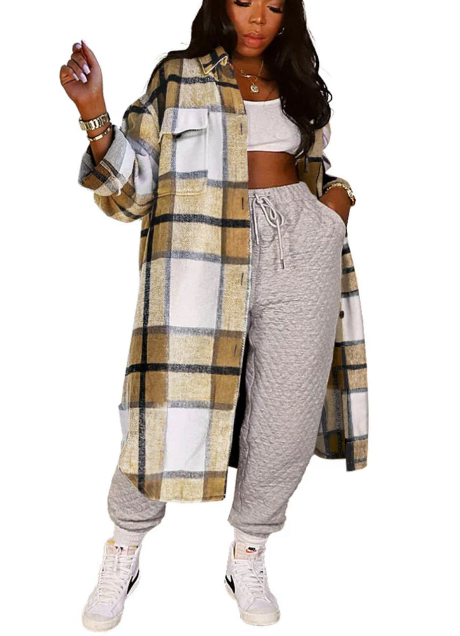 Long Plaid Flannel Shirt Dress COAT