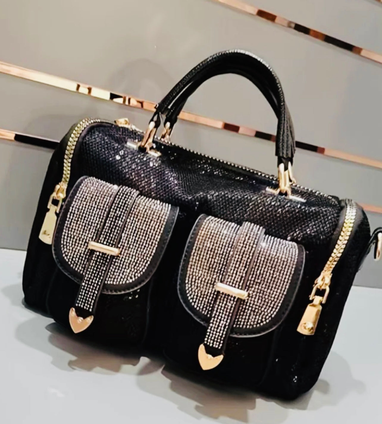 Mini Barrel Handbag with Rhinestone Buckle Pockets and Dual Top Handles