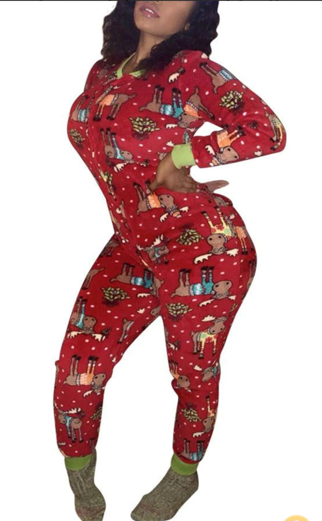 Festive Cartoon Print Onesie with Zipper Closure and Cuffs