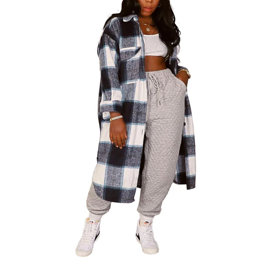 Long Plaid Flannel Shirt Dress COAT