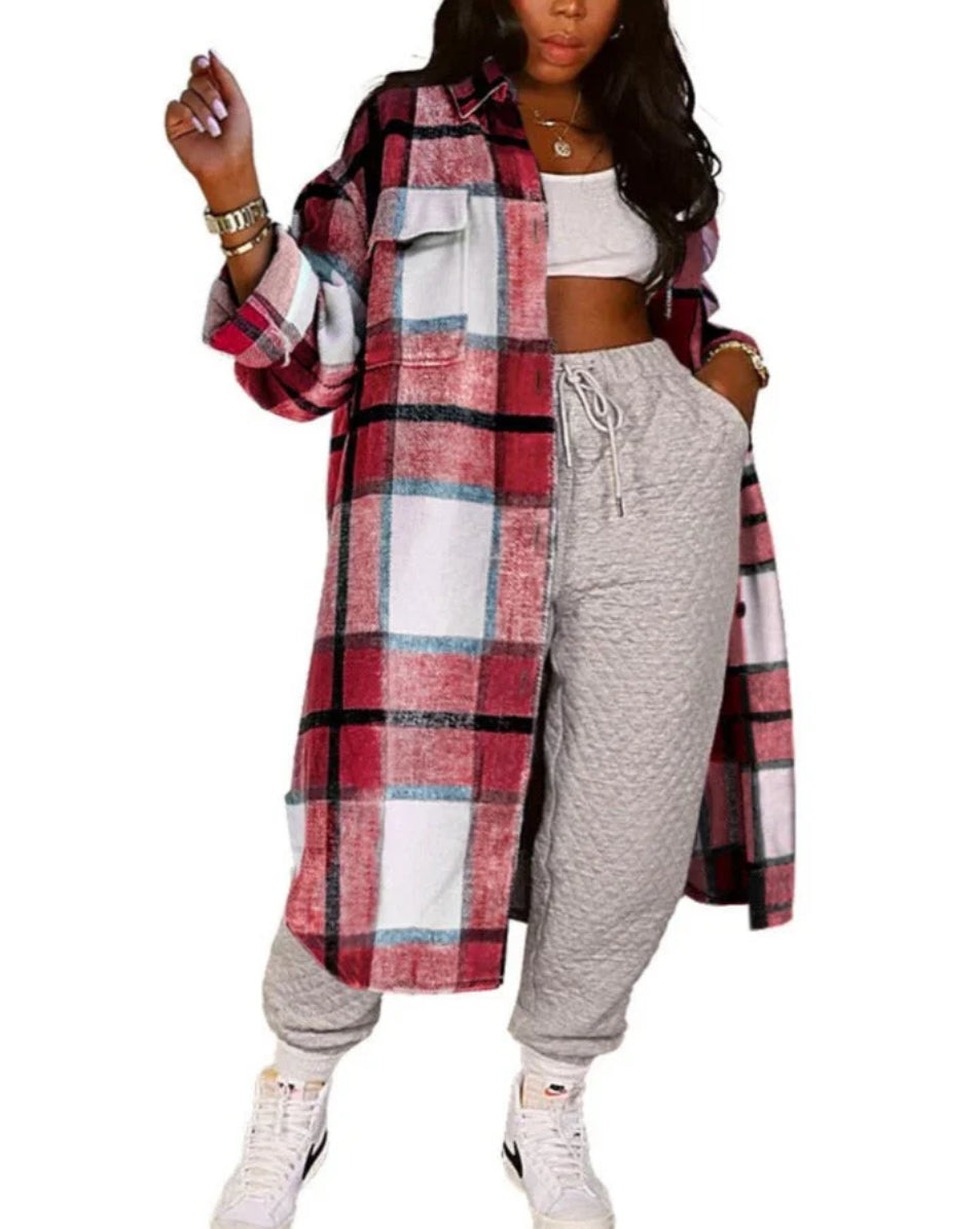 Long Plaid Flannel Shirt Dress COAT