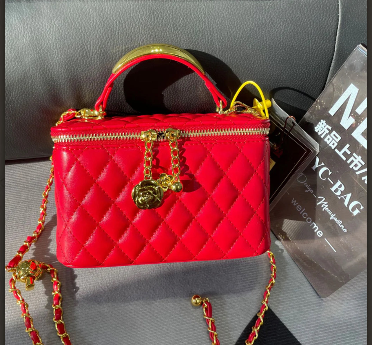 Quilted Box Crossbody Bag with Gold Chain and Charm Accent