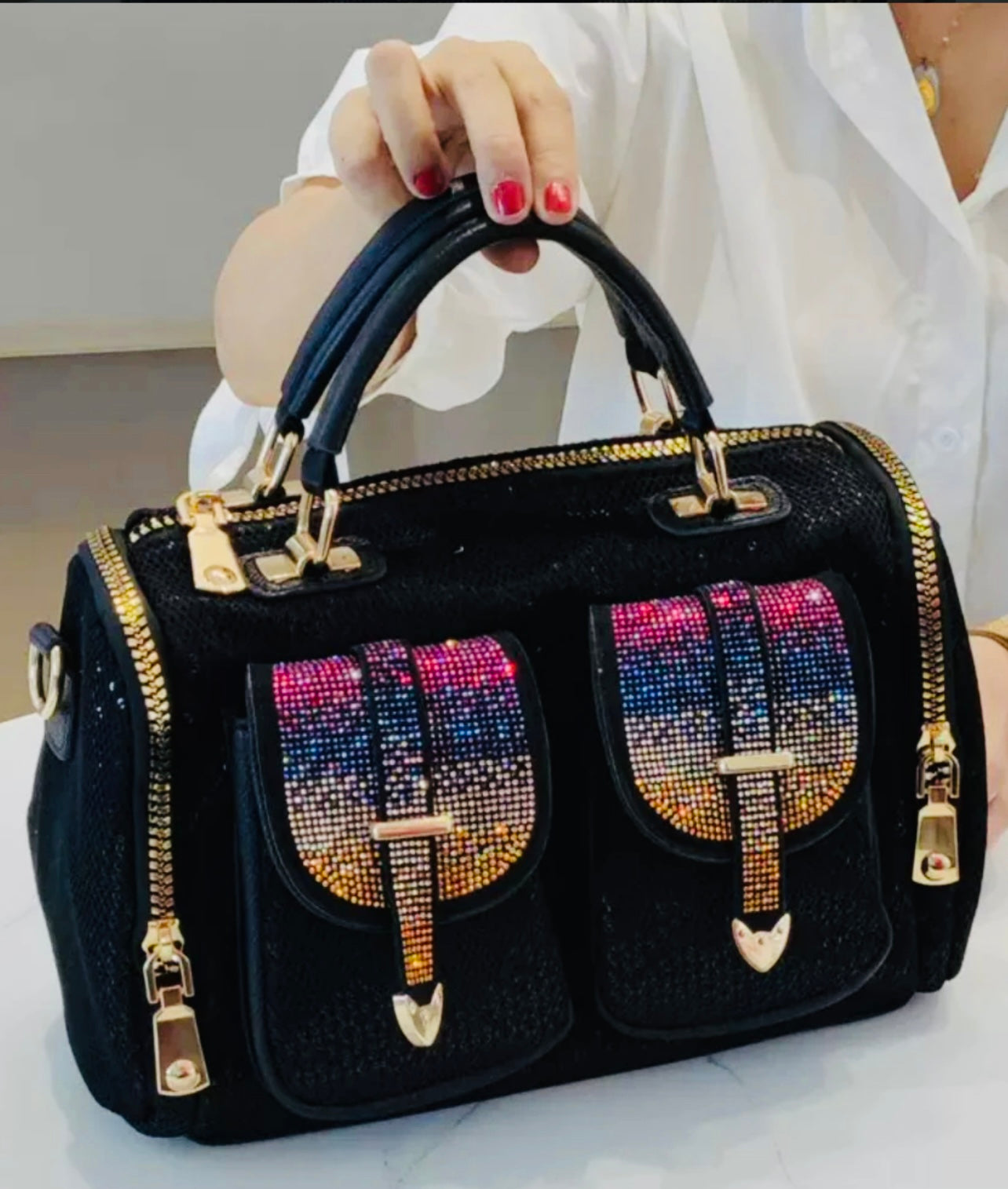 Mini Barrel Handbag with Rhinestone Buckle Pockets and Dual Top Handles