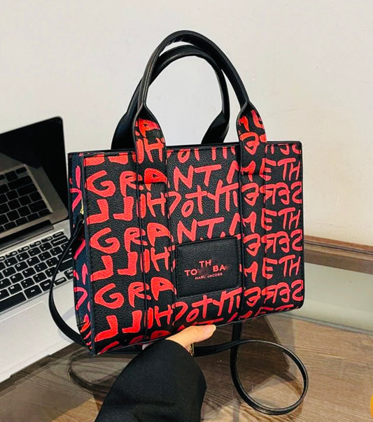 Graffiti Print Structured Tote Bag with Shoulder Strap