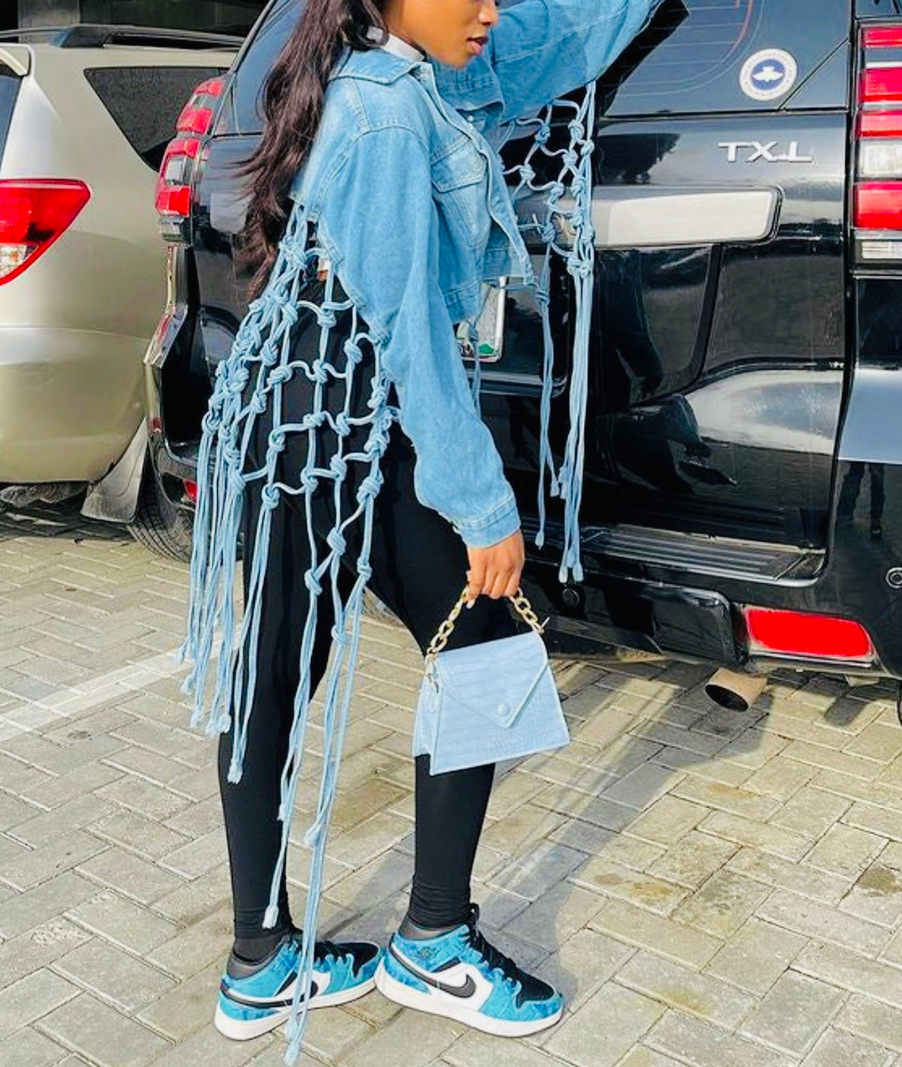 FRINGED CUTOUT BACK DENIM JACKET