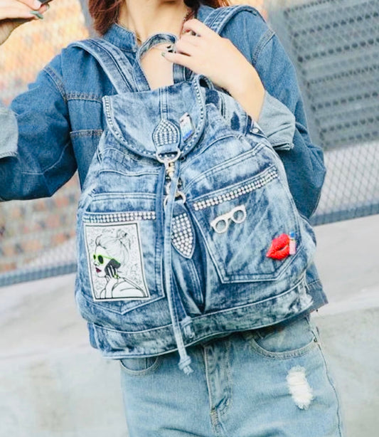 Studded Denim Patchwork Backpack with Charm Accents
