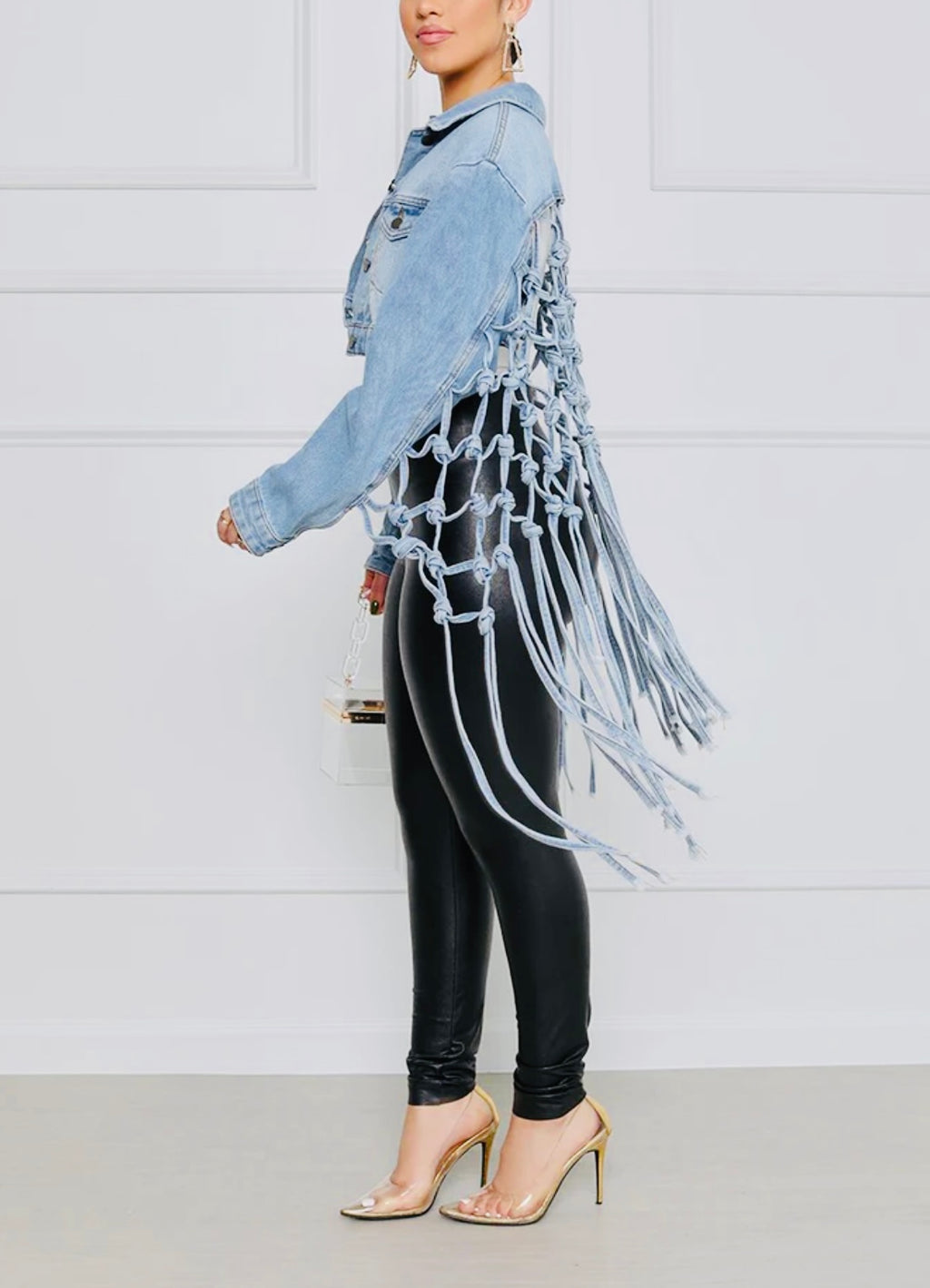 FRINGED CUTOUT BACK DENIM JACKET