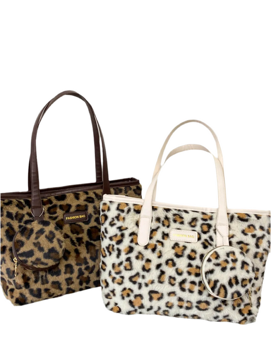 Leopard Faux Fur Tote Bag with Coin Purse