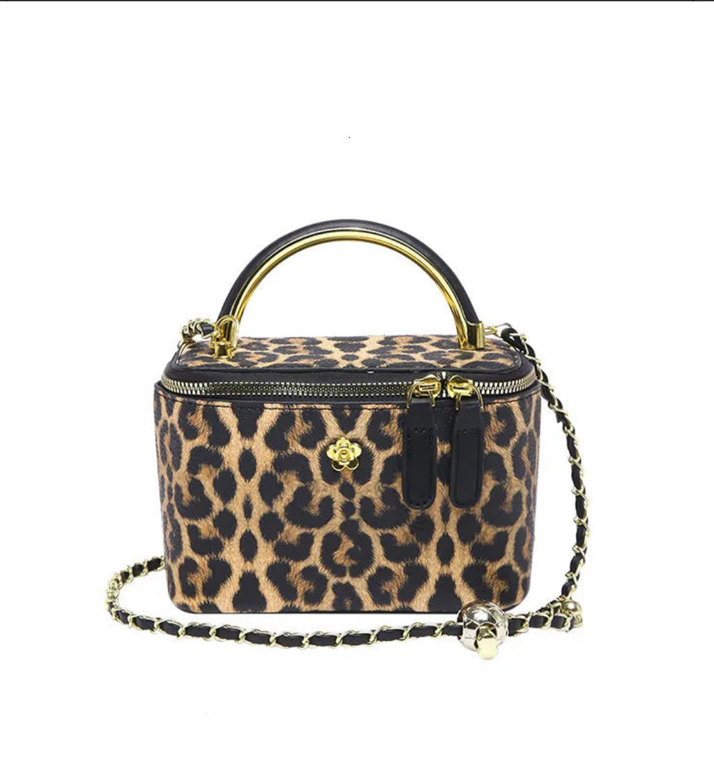 Leopard Print Structured Top Handle Bag with Chain Strap