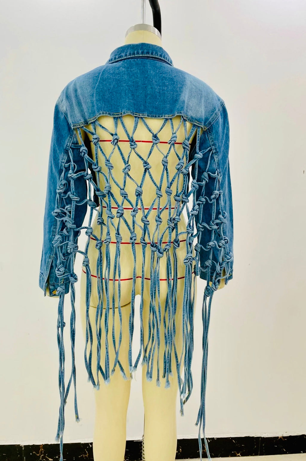 FRINGED CUTOUT BACK DENIM JACKET