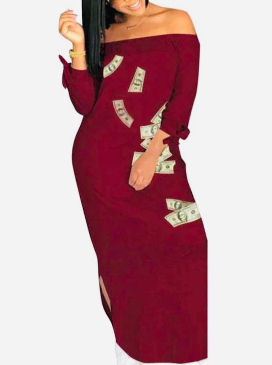 Off-Shoulder Money Print Midi Dress with Tie Sleeves